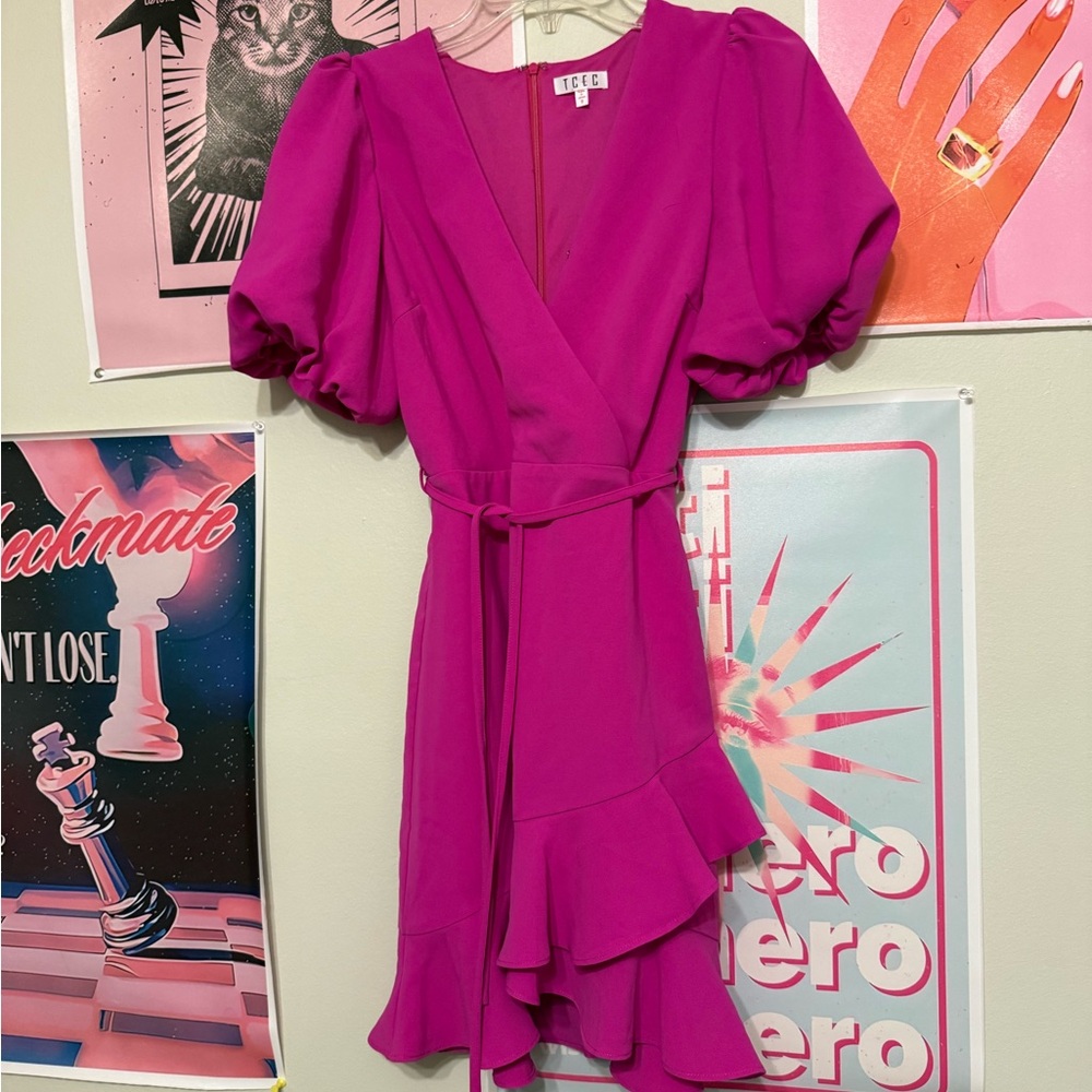 TCEC Magenta Puff-Sleeve Wrap Mini Dress